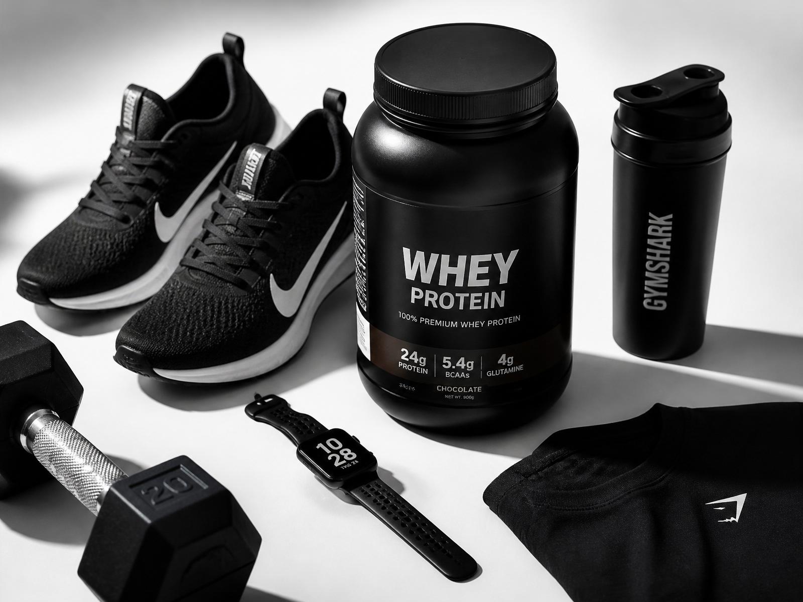 Equipamentos esportivos premium: suplementos, tênis, smartwatch e halteres